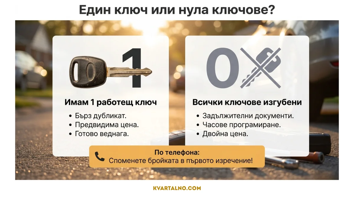 Инфографика за разлика между един работещ ключ и изгубени всички ключове при автоключар