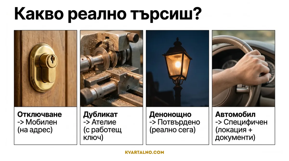 Инфографика какво реално търсите: отключване на адрес, дубликат в ателие, денонощен ключар или автоключар