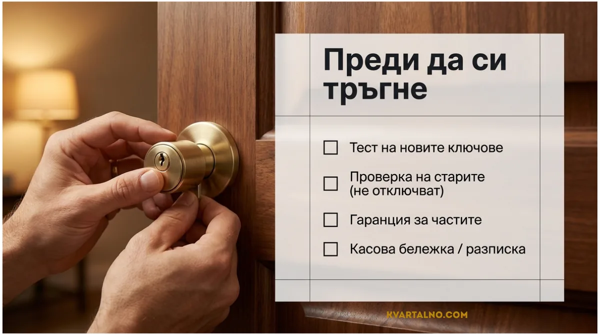 Инфографика какво да проверите след ключарска услуга: нови ключове, стари ключове, гаранция и касова бележка