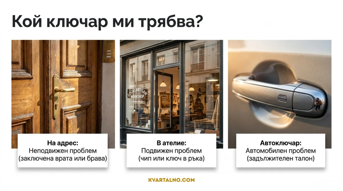 Инфографика кой ключар ви трябва според проблема: ключар на адрес, ключарско ателие или автоключар