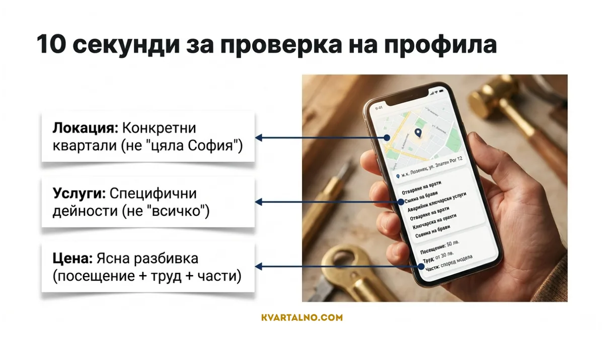 Инфографика за бърза проверка на профил на ключар: локация, услуги и цена