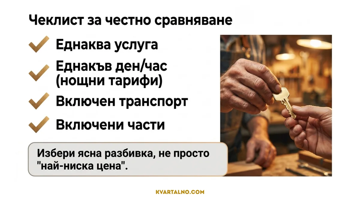 Инфографика чеклист за честно сравняване на оферти за ключарски услуги