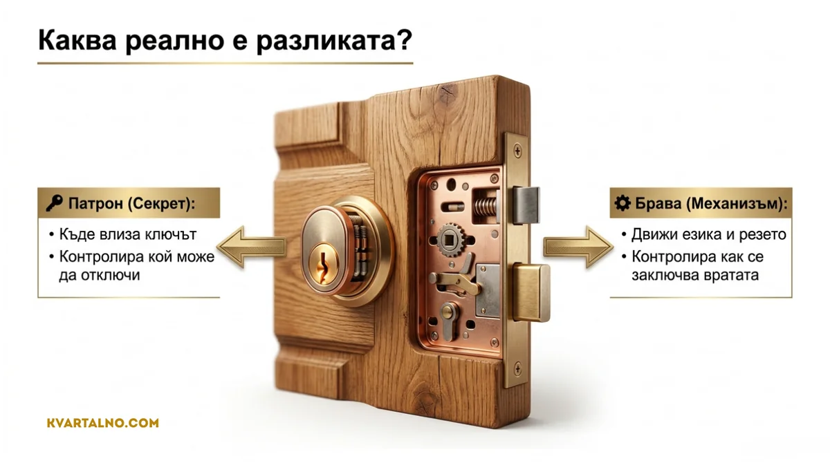 Инфографика за разликата между патрон и брава при входна врата